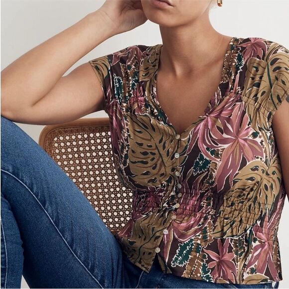 Madewell Shirred Cap-Sleeve Top in Brushstroke Monstera - Picture 1 of 6